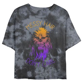 Juniors' Star Wars: Chewbacca Messy Hair Don't Care Wash Graphic Crop Tee