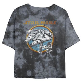Juniors' Star Wars: Falcon and TIE Fighters Wash Graphic Crop Tee
