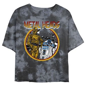 Juniors' Star Wars: Metal Head Droids Wash Graphic Crop Tee