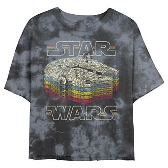 Juniors' Star Wars: Retro Falcon Stacked Logo Wash Graphic Crop Tee