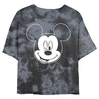 Juniors' Disney Mickey Mouse Large White Outline Winking Face Wash Crop Tee