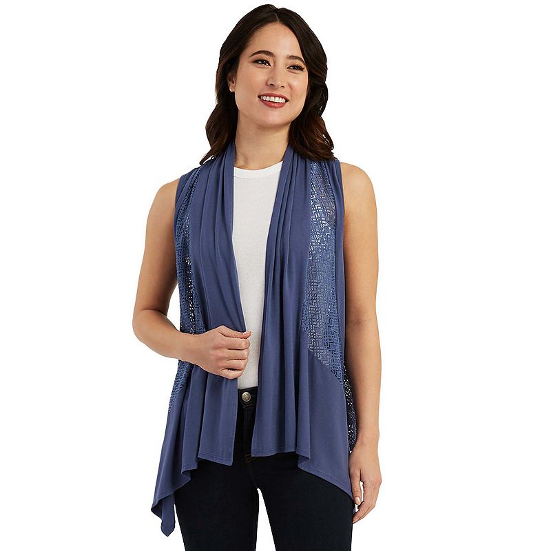 Womens AB Studio Embellished Crochet-Back Draped Vest, Size: XS, Blue