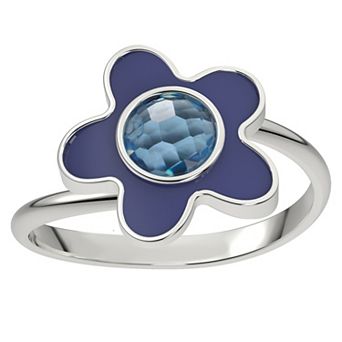 Sterling Silver Blue Topaz & Enamel Flower Ring - Size 7