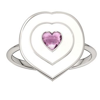 Sterling Silver Lab-Created Pink Sapphire & Enamel Heart Ring - Size 7