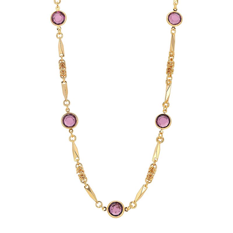 1928 Gold Tone Purple Crystal Art Deco Necklace, Womens