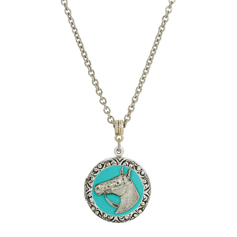 1928 Silver Tone Simulated Turquoise Enamel Horse Locket Necklace, Womens,