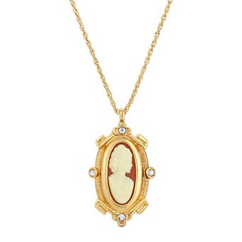 1928 Gold Tone Simulated Carnelian Oval Cameo Necklace