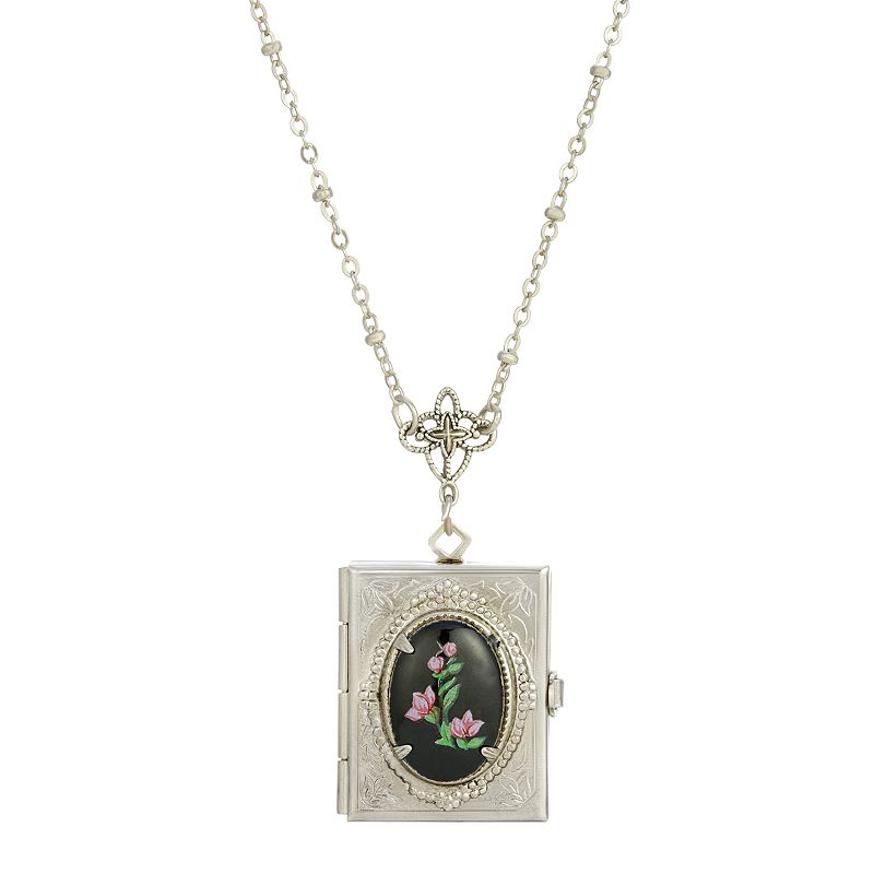 1928 Silver Tone Black Floral Cabochon Four-Slot Book Locket Necklace, Wome