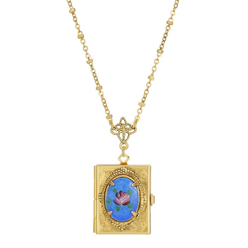 1928 Gold Tone Blue Floral Cabochon Four-Slot Book Locket Necklace, Womens