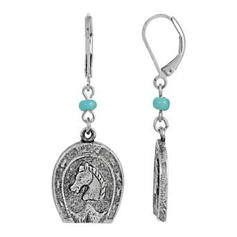 1928 Silver Tone Simulated Turquoise Horseshoe Earrings