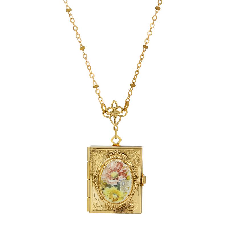 1928 Gold Tone Multi Color Floral Cabochon Four-Slot Book Locket Necklace, 