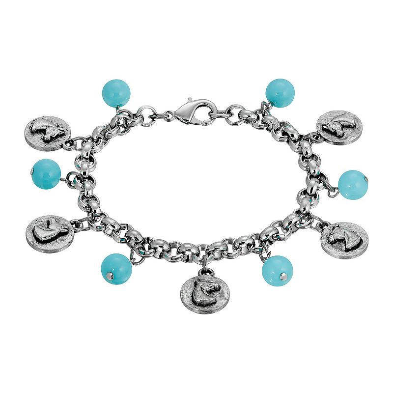 1928 Silver Tone Simulated Turquoise Beads Horse Charm Bracelet, Womens, T