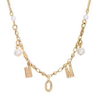 1928 14k Gold Plated "Mom" Simulated Pearl Necklace
