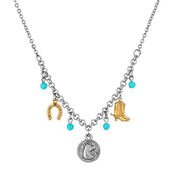 1928 TwoTone Simulated Turquoise Beads Horse Charm Necklace