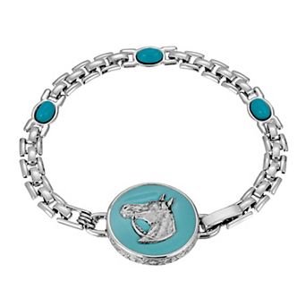 1928 Silver Tone Simulated Turquoise Enamel Horse Medallion Bracelet
