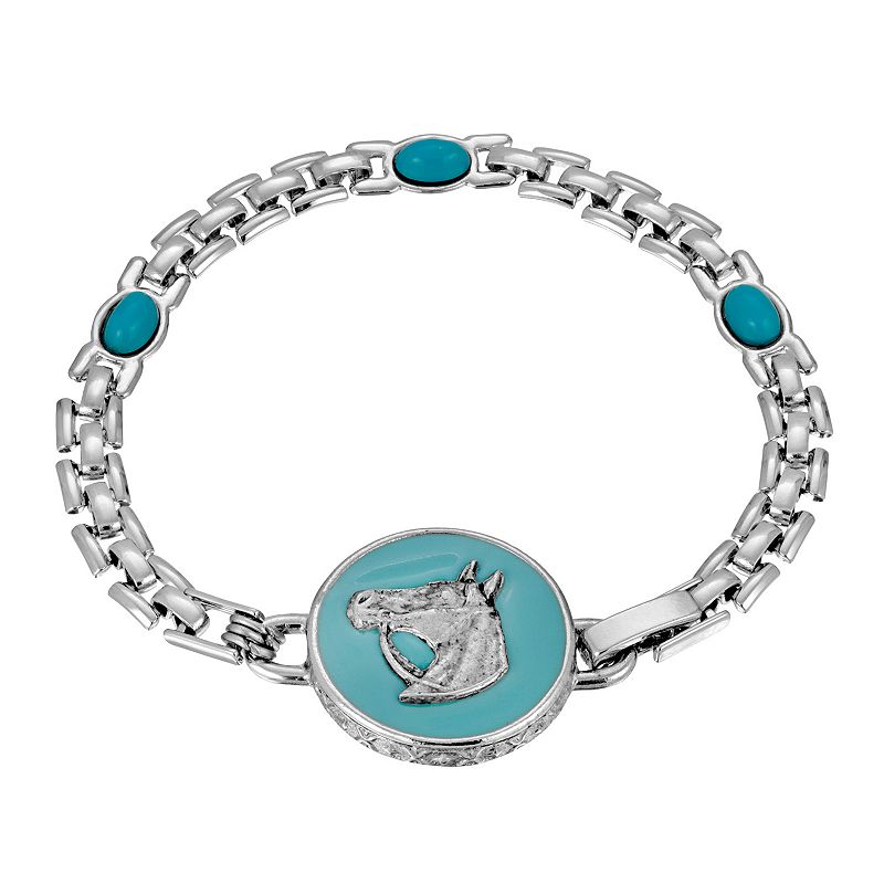 1928 Silver Tone Simulated Turquoise Enamel Horse Medallion Bracelet, Women