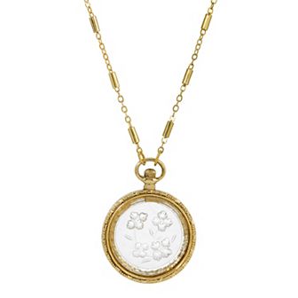 1928 Gold Tone Antiqued Clear Glass Floral Intaglio Necklace