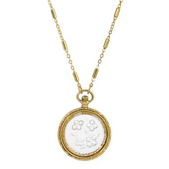 1928 Gold Tone Antiqued Clear Glass Floral Intaglio Necklace