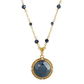 1928 Gold Tone Dark Blue Medallion Necklace