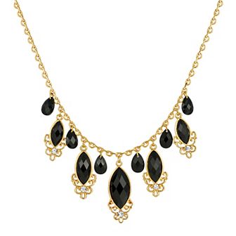 1928 Gold Tone Black Crystal Teardrop Necklace