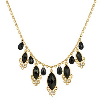 1928 Gold Tone Black Crystal Teardrop Necklace