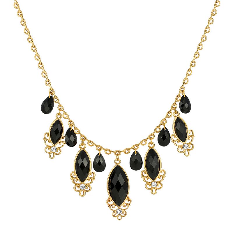 1928 Gold Tone Black Crystal Teardrop Necklace, Womens