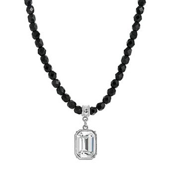 1928 Silver Tone Black Bead Crystal Pendant Necklace