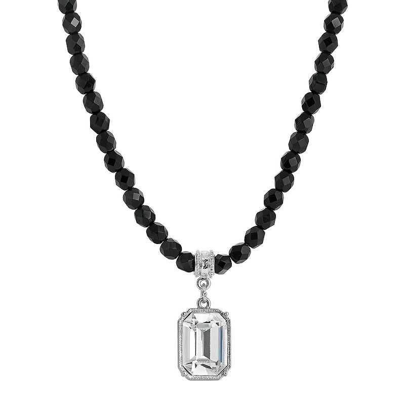1928 Silver Tone Black Bead Crystal Pendant Necklace, Womens