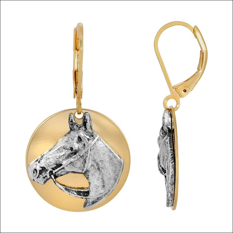 1928 Two Tone Horse Medallion Drop Earrings, Womens, Gold