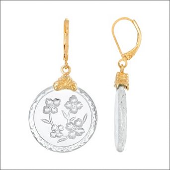 1928 Gold Tone Clear Glass Etched Flowers Drop Earrings