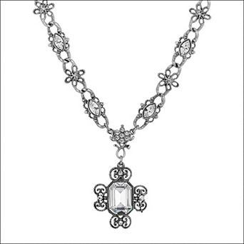 1928 Silver Tone Crystal Filigree Necklace