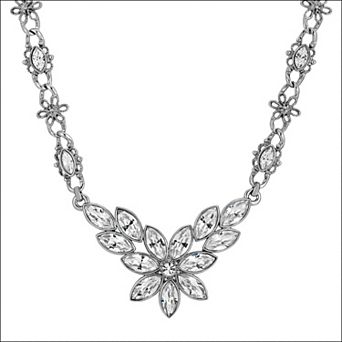 1928 Silver Tone Crystal Flower Statement Necklace
