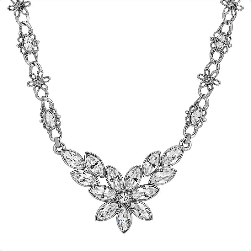 1928 Silver Tone Crystal Flower Statement Necklace, Womens, Multicolor