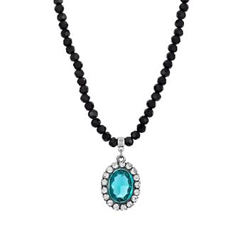 1928 Silver Tone Crystal Black Beaded Necklace