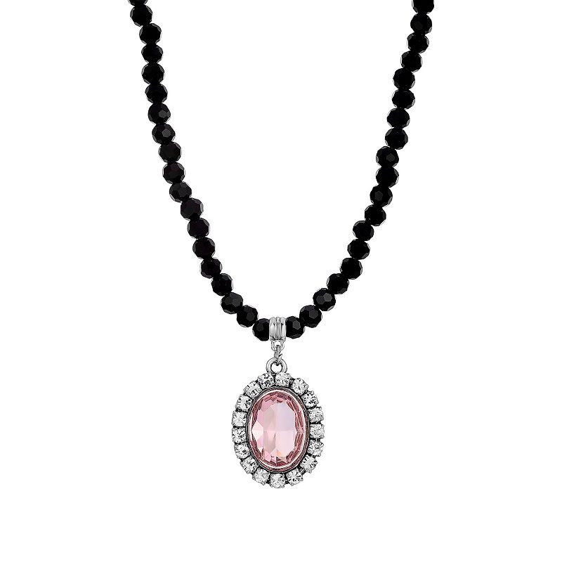 1928 Silver Tone Crystal Black Beaded Necklace, Womens, Pink