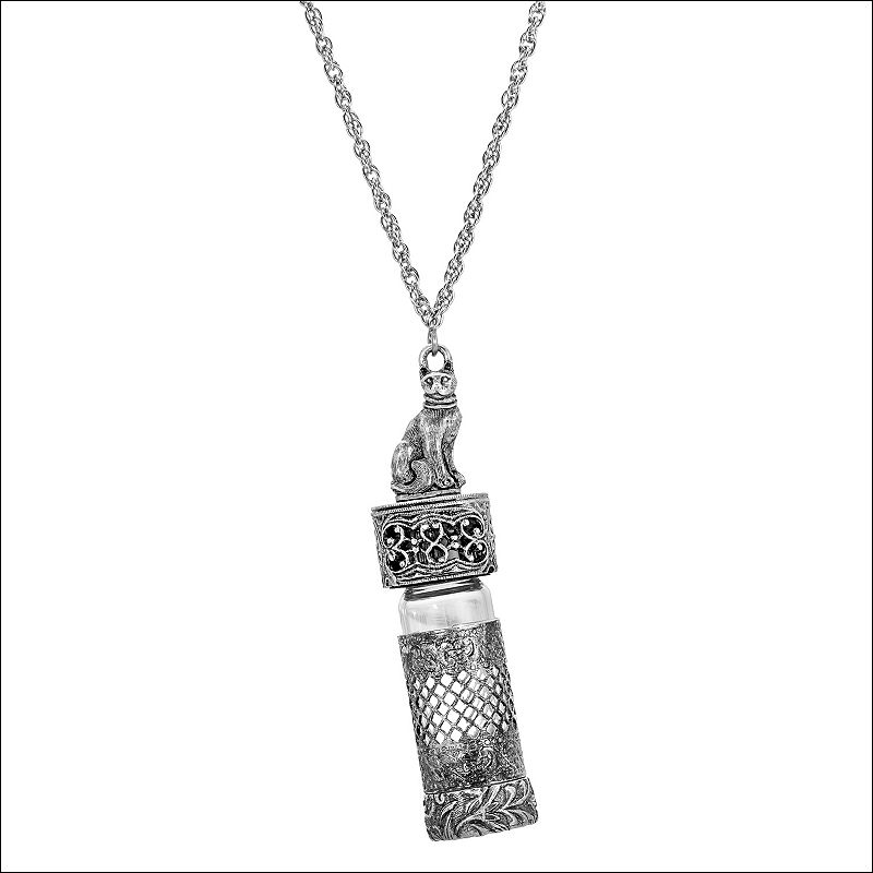 1928 Silver Tone Cat Vial Necklace, Womens