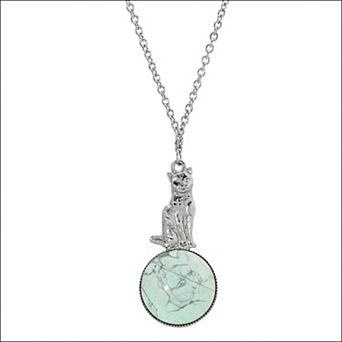 1928 Silver Tone Turquoise Cat Pendant Necklace