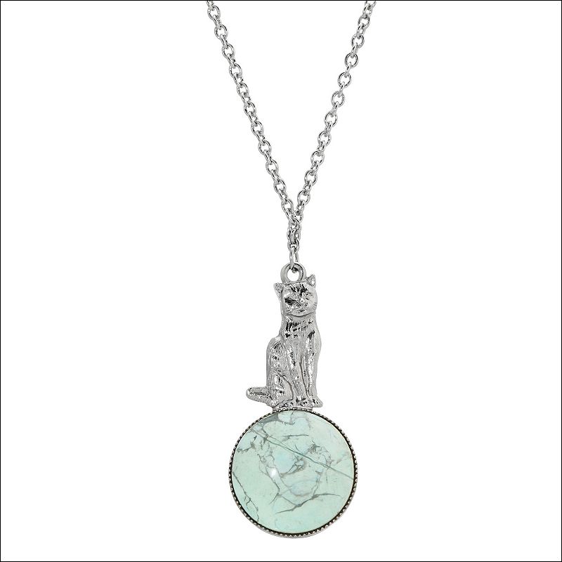1928 Silver Tone Turquoise Cat Pendant Necklace, Womens, Turquoise/Blue
