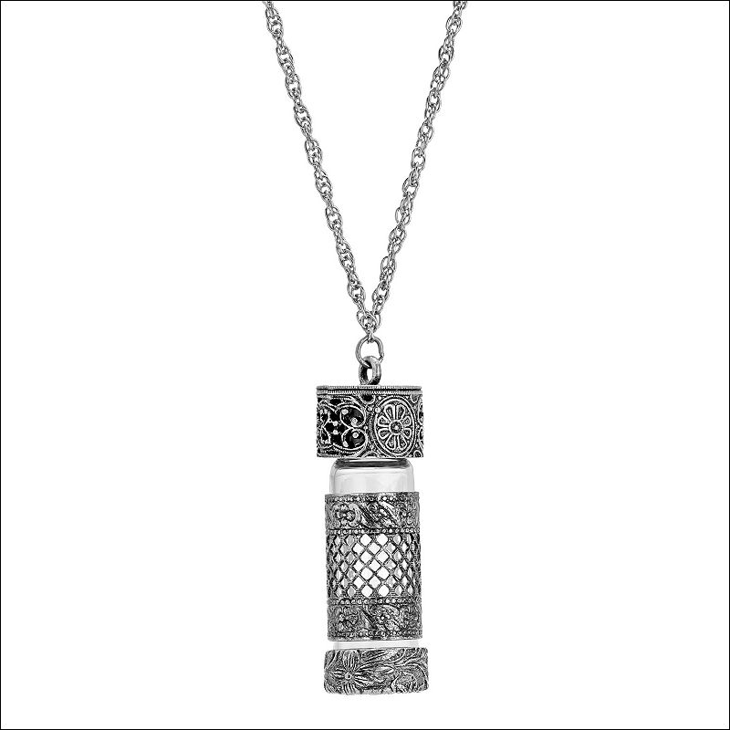 1928 Silver Tone Filigree Vial Necklace, Womens