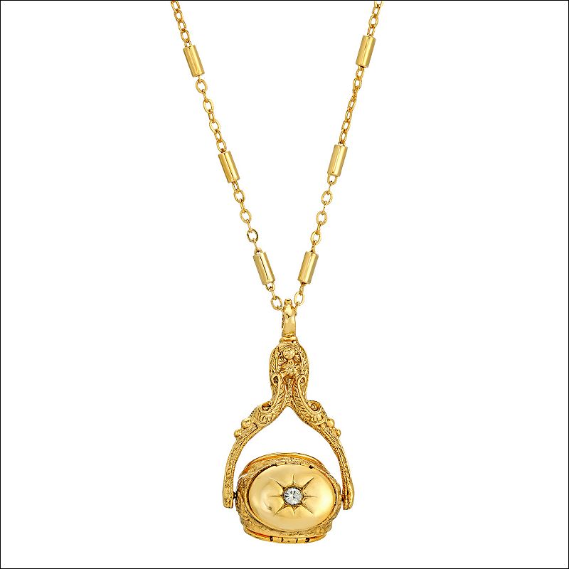 1928 Gold Tone Crystal Three-Sided Spinner Locket Necklace, Womens