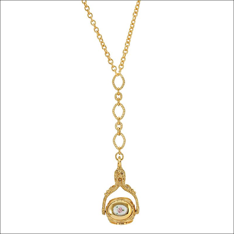 1928 Gold Tone Three-Sided Floral Spinner Locket Drop Necklace, Womens