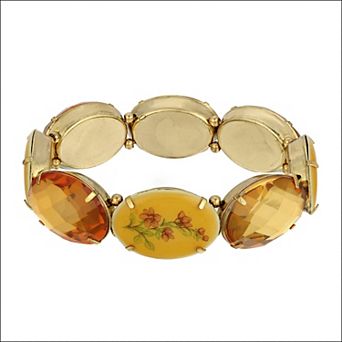 1928 Gold Tone Simulated Topaz & Floral Oval Stone Stretch Bracelet