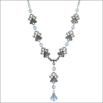 1928 Pewter Pawprint Light Blue Glass Bead Y-Necklace
