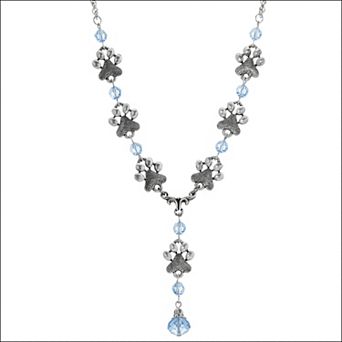 1928 Pewter Pawprint Light Blue Glass Bead Y-Necklace