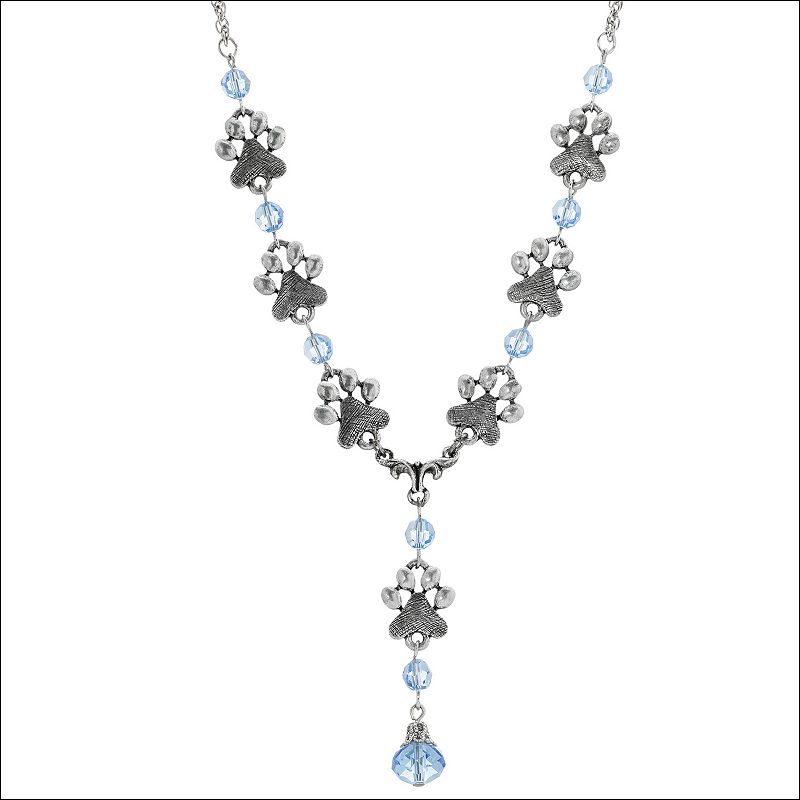 1928 Pewter Pawprint Light Blue Glass Bead Y-Necklace, Womens
