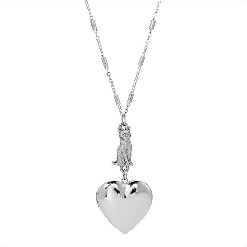 1928 Silver Tone Heart Cat Drop Locket Necklace, Womens