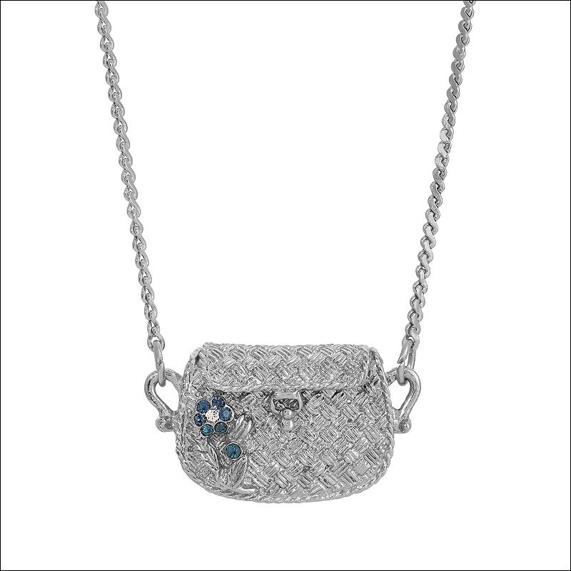 1928 Silver Tone Blue Flower Purse Necklace, Womens
