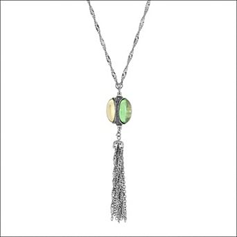 1928 Silver Tone Green & Pink Crystal Three-Sided Y-Necklace