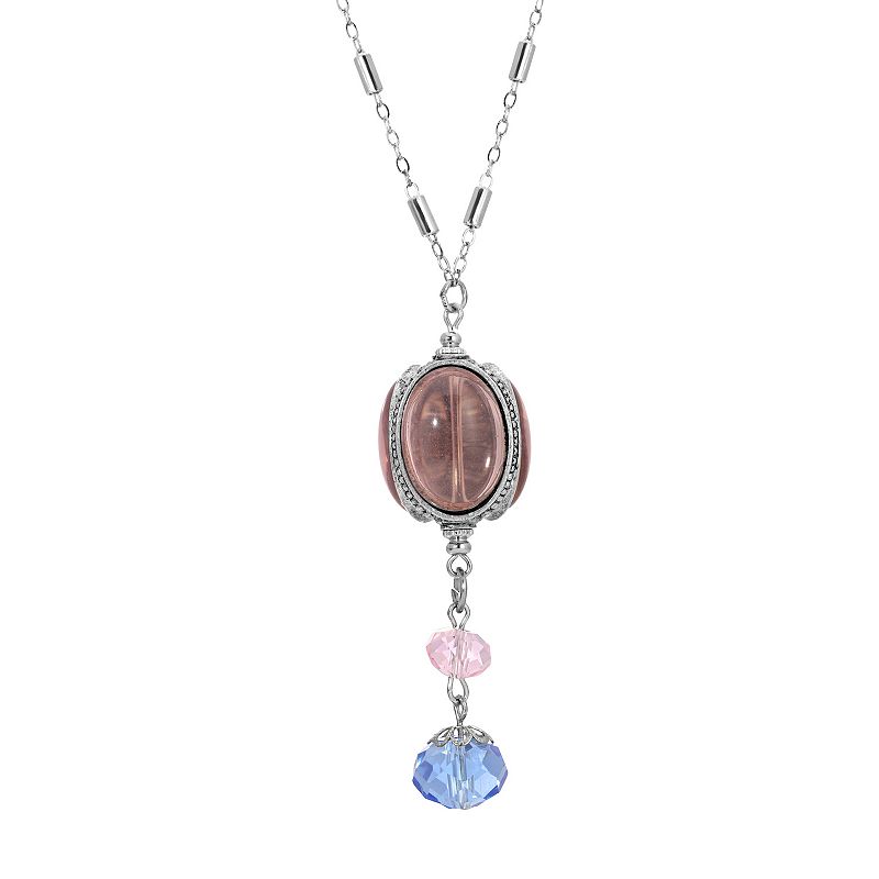 1928 Silver Tone Pink Spinner Blue Drop Necklace, Womens