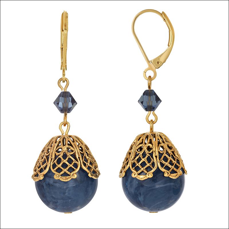 1928 Gold Tone Filigree Blue Bead Drop Earrings, Womens